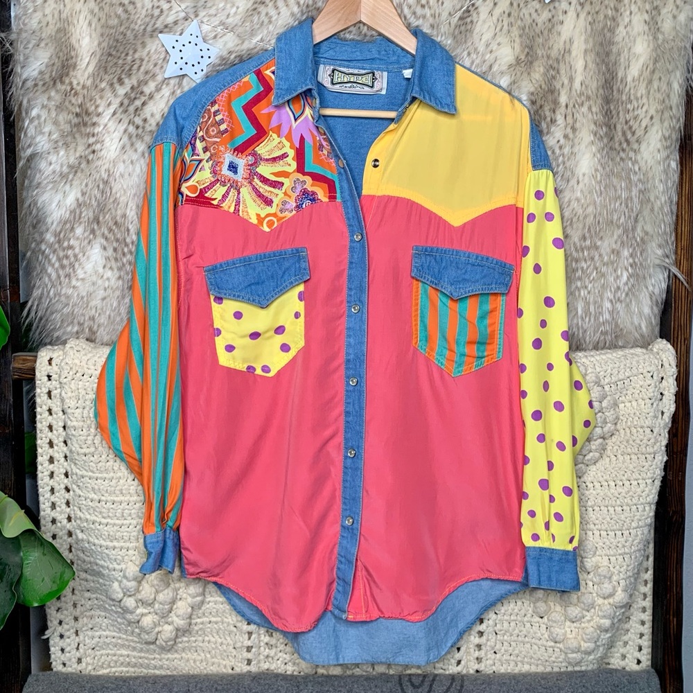 Vintage Y2k Hype Denim Patchwork Button Down Shirt - image 1